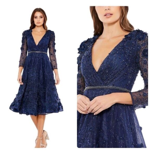 Mac Duggal 67809 Midnight Lace Beaded Floral Midi Cocktail Dress - Picture 1 of 12